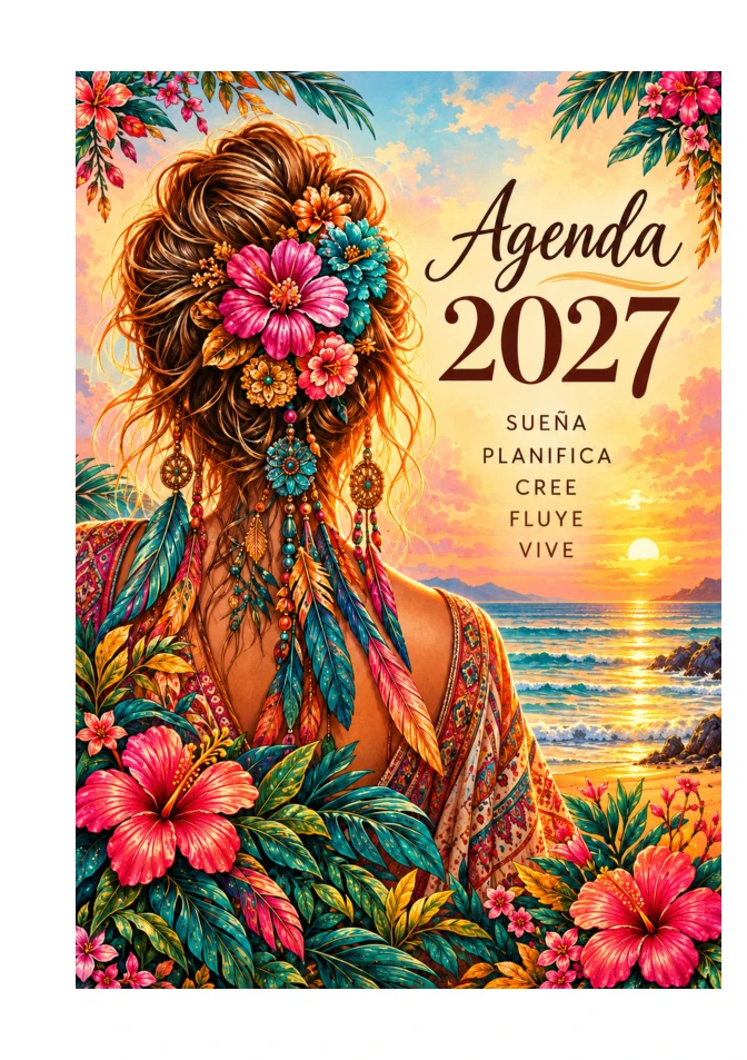 Tapa de la Agenda Boho 2027 imprimible, con flores, plumas y una chica junto al mar