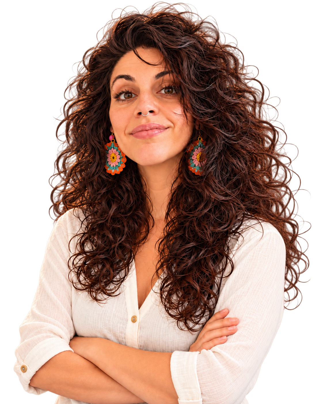 Marian, diseñadora y creadora de Nía Estudio Digital, con blusa blanca y aros tejidos de colores