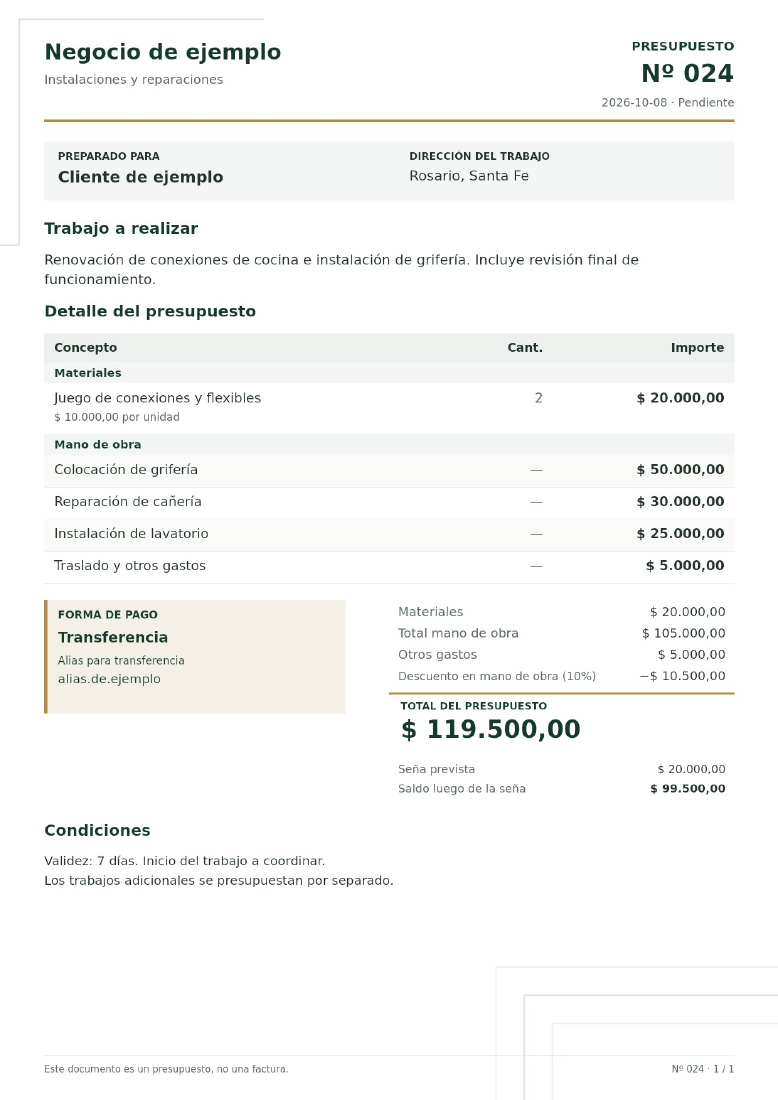 Diseño de presupuesto de la app, con materiales, mano de obra y total. Datos de ejemplo.